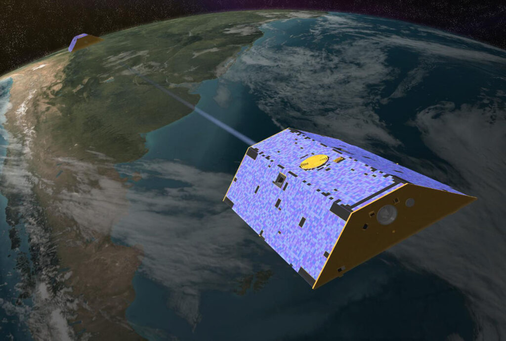 Rappresentazione artistica dei satelliti Grace. Crediti: NASA.
