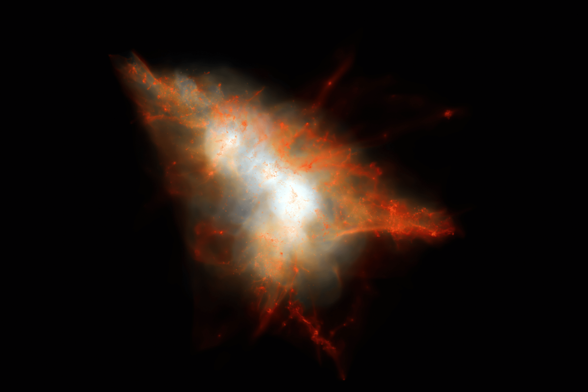 Istantanea presa da una simulazione cosmologica di un “blob” Lyman-alfa simile a LAB-1. Crediti: J.Geach/D.Narayanan/R.Crain