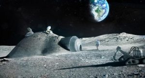 Concept di una futura base lunare con una costruzione sotto la regolite lunare con la Terra in sottofondo