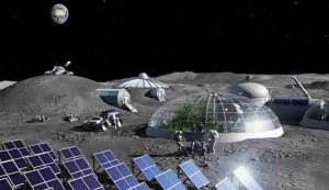 Concept di una futura base lunare con una costruzione sotto la regolite lunare con la Terra in sottofondo