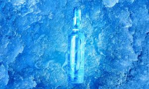 Una fialetta di vaccino intrappolata nel ghiaccio che rappresenta i potenziali virus che si trovano sotto il permafrost