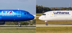Due aerei, uno di ITA Airways e un altro di Lufthansa in fase di rullaggio
