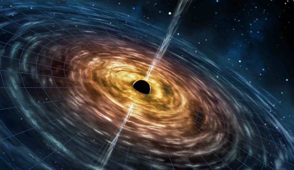 Rappresentazione artistica di un buco nero nello spazio con della materia che fuoriesce