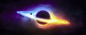 Rappresentazione artistica di un buco nero nello spazio con dei pianeti intorno
