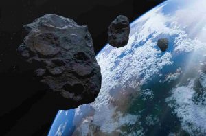 Rappresentazione di alcuni asteroidi in rotta di collisione con la Terra