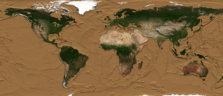 La Terra con mari e oceani prosciugati